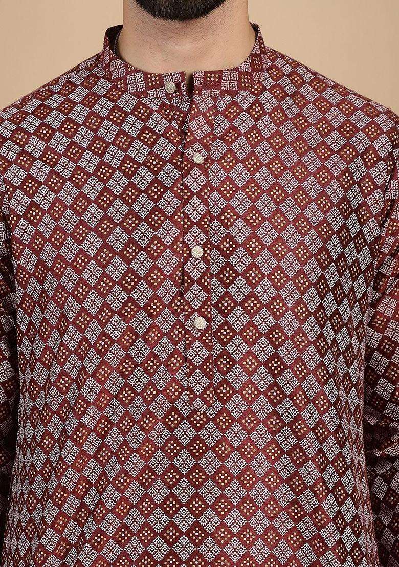 Maroon Woven Design Blended Kurta For Men - Indya
