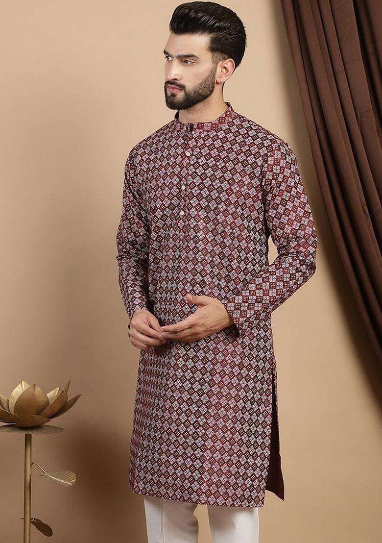 Maroon Woven Design Blended Kurta For Men - Indya