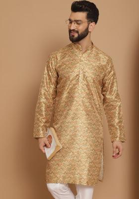 Yellow Woven Design Cotton Kurta For Men