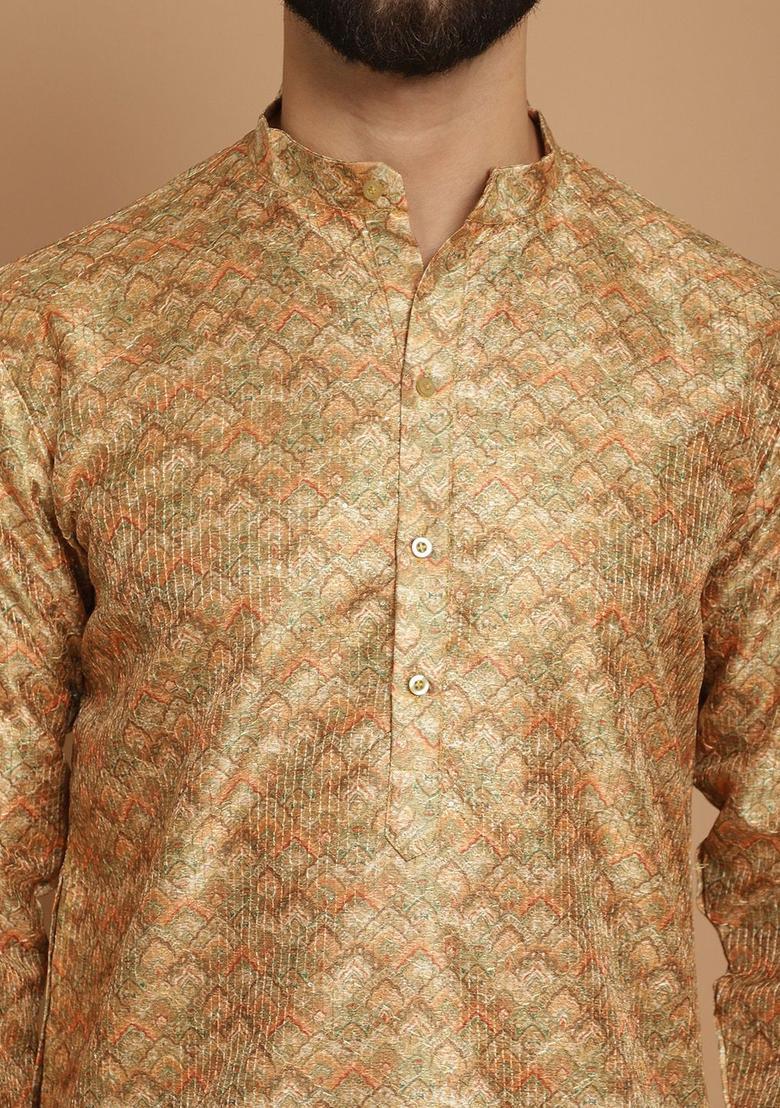 Yellow Woven Design Cotton Kurta For Men - Indya