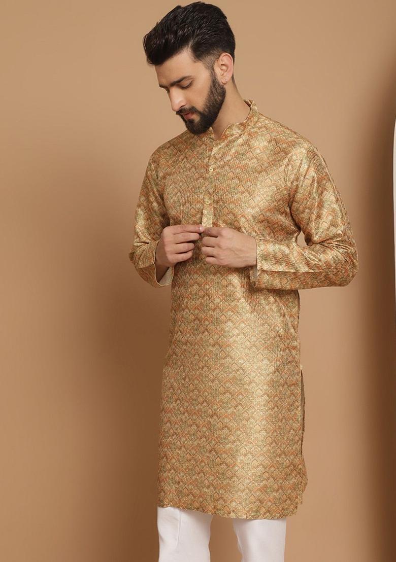 Yellow Woven Design Cotton Kurta For Men - Indya