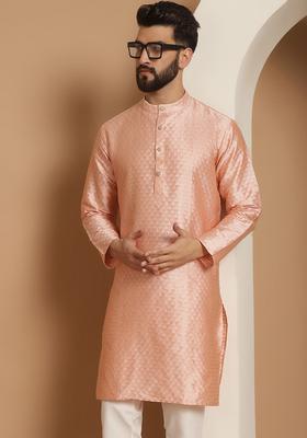 Pink Woven Design Jacquard Kurta For Men