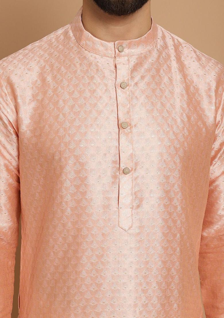 Pink Woven Design Jacquard Kurta For Men - Indya