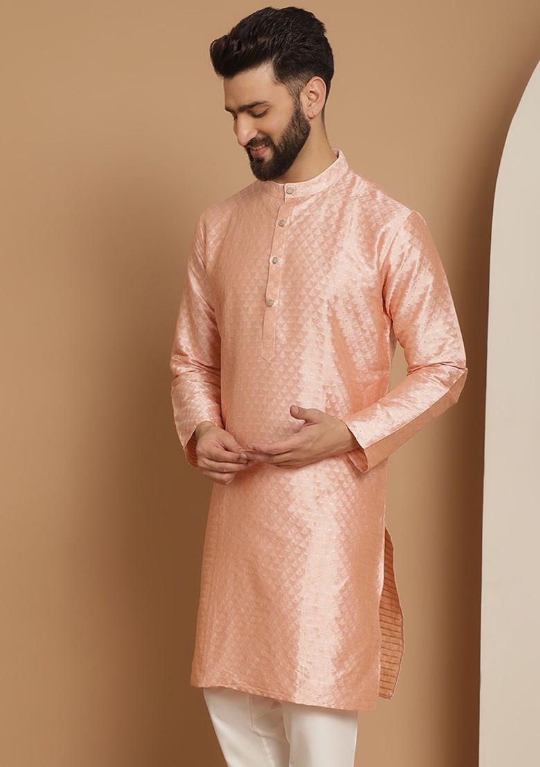 Pink Woven Design Jacquard Kurta For Men - Indya
