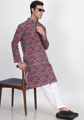 Red Printed Cotton Kurta For Men