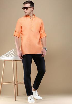 Peach Solid Cotton Kurta For Men