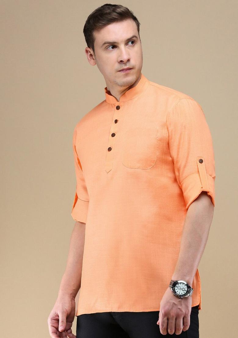 Peach Solid Cotton Kurta For Men - Indya