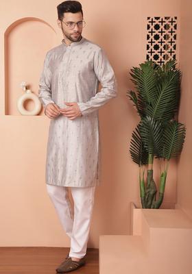 Grey Printed Viscose Kurta For Men