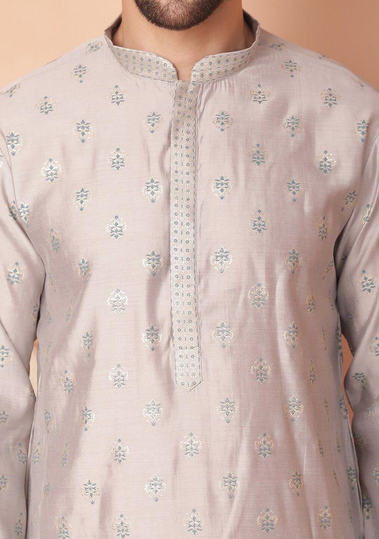 Grey Printed Viscose Kurta For Men - Indya