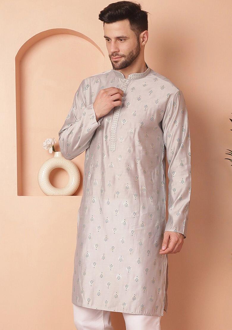Grey Printed Viscose Kurta For Men - Indya