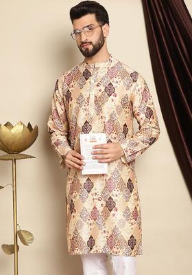 Beige Printed Silk Blend Kurta For Men