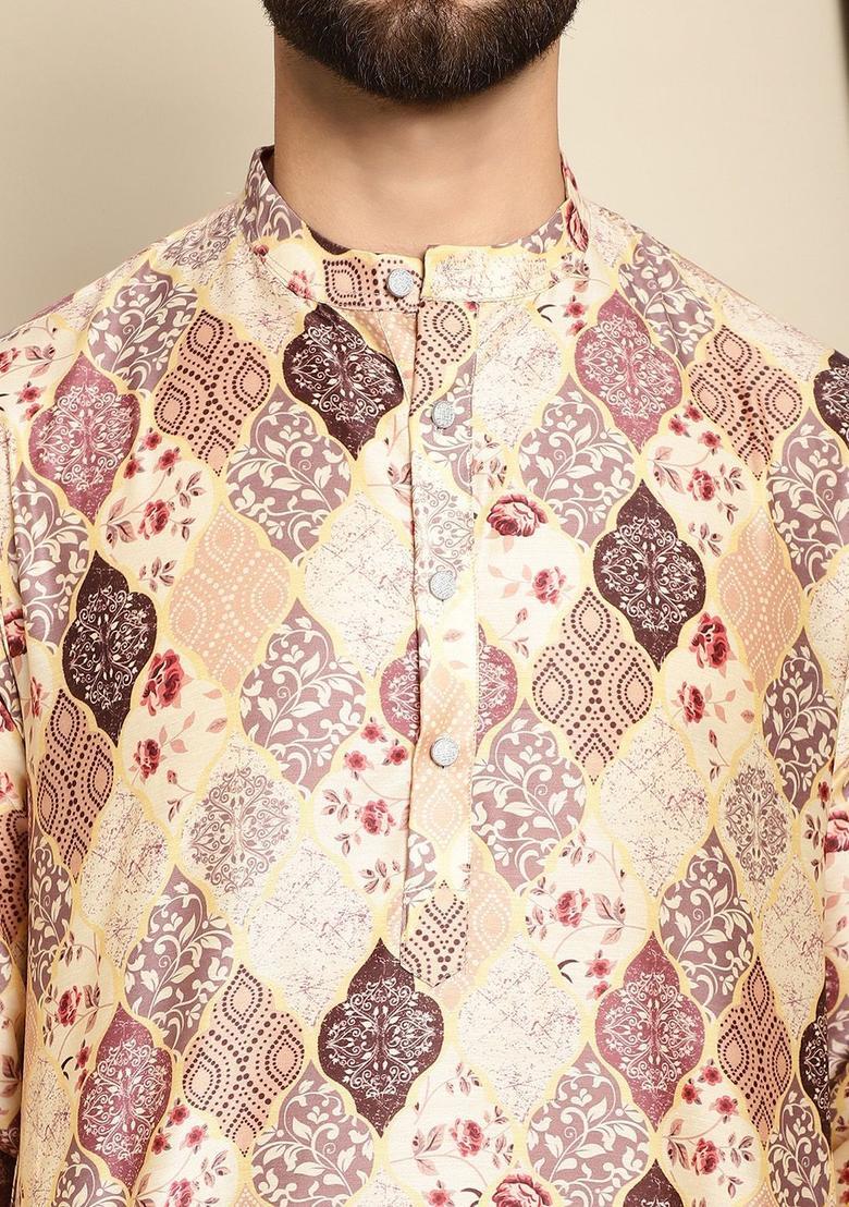 Beige Printed Silk Kurta For Men - Indya