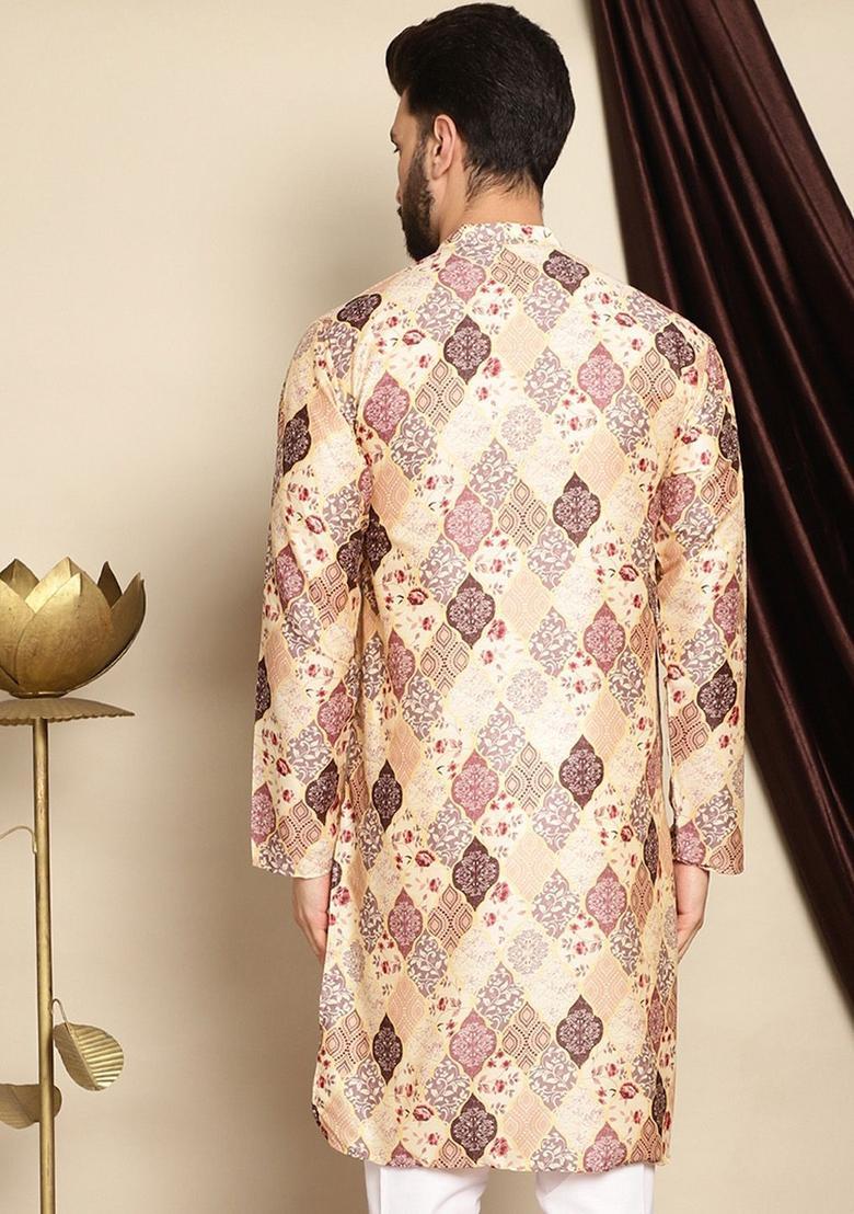 Beige Printed Silk Kurta For Men - Indya
