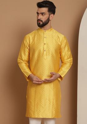 Yellow Woven Design Jacquard Kurta For Men