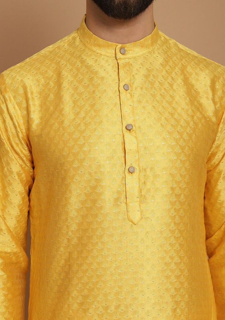 Yellow Woven Design Jacquard Kurta For Men - Indya