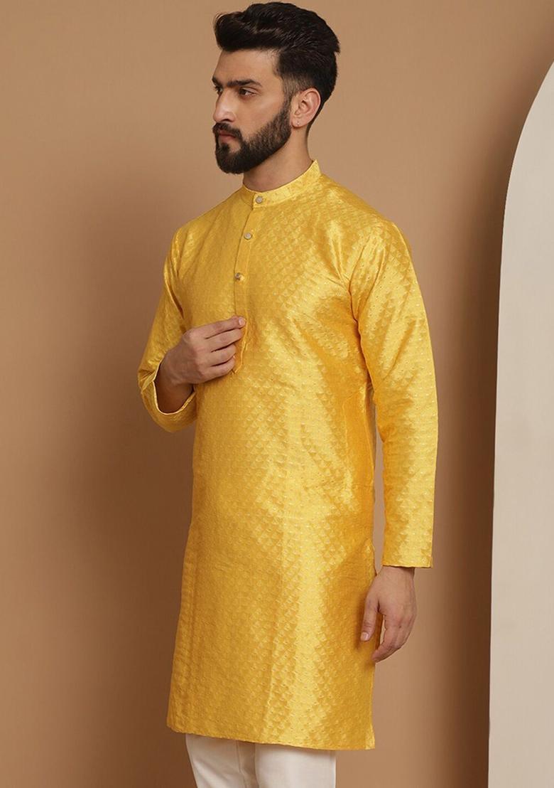 Yellow Woven Design Jacquard Kurta For Men - Indya