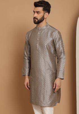 Grey Woven Design Cotton Kurta For Men