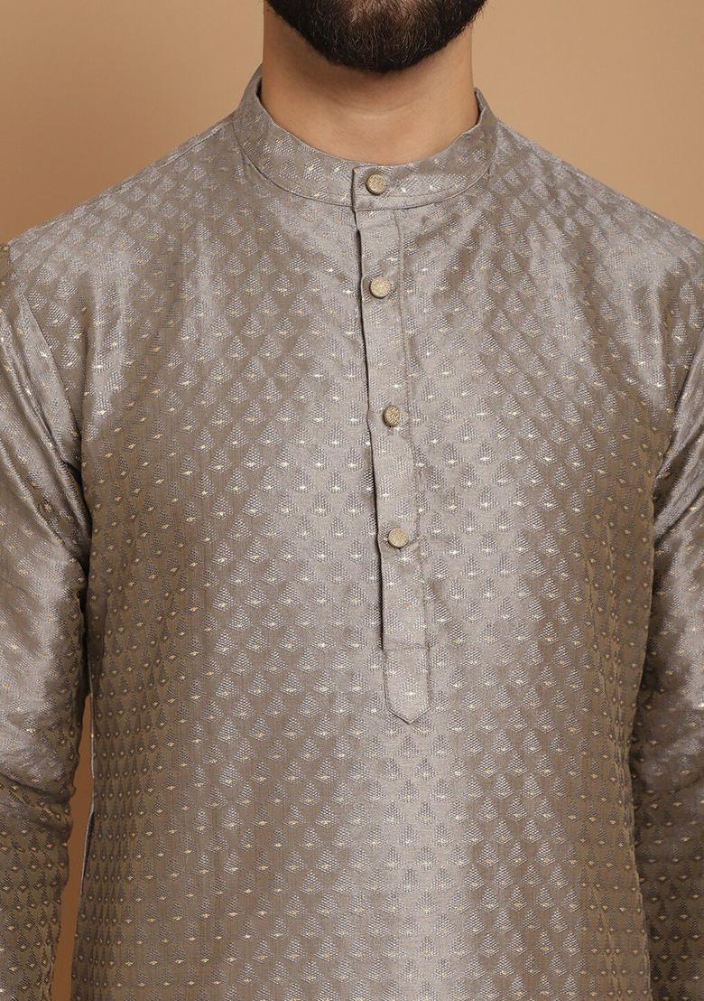 Grey Woven Design Cotton Kurta For Men - Indya