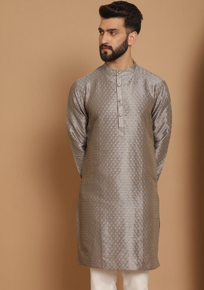 Grey Woven Design Cotton Kurta For Men - Indya