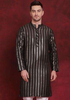 Black Striped Cotton Kurta For Men