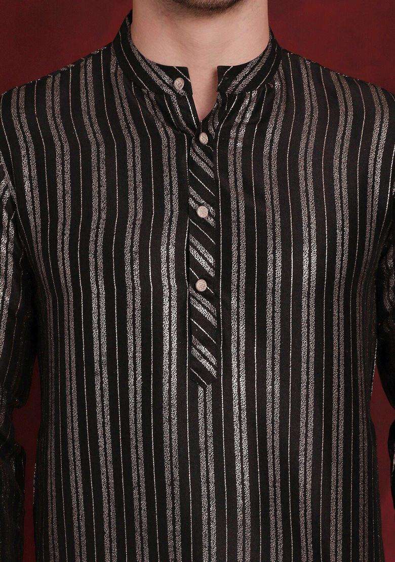 Black Striped Cotton Kurta For Men - Indya