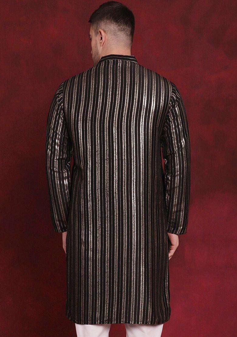 Black Striped Cotton Kurta For Men - Indya