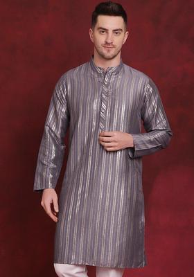 Grey Striped Cotton Kurta For Men