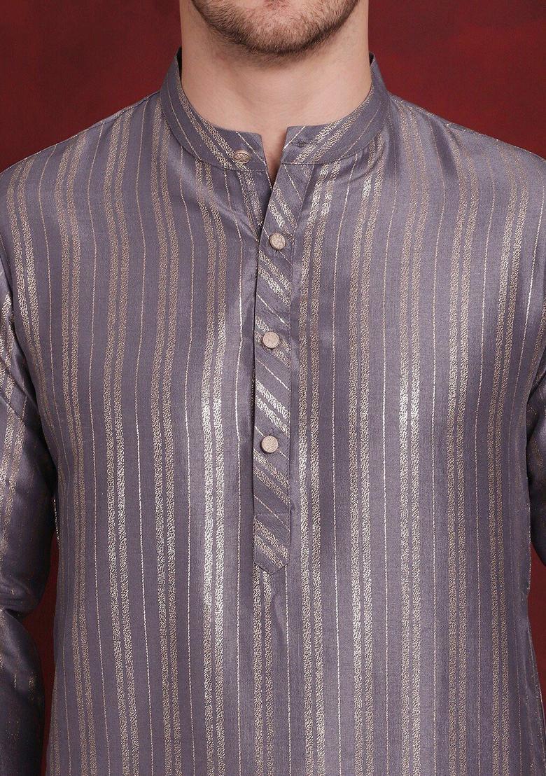 Grey Striped Cotton Kurta For Men - Indya