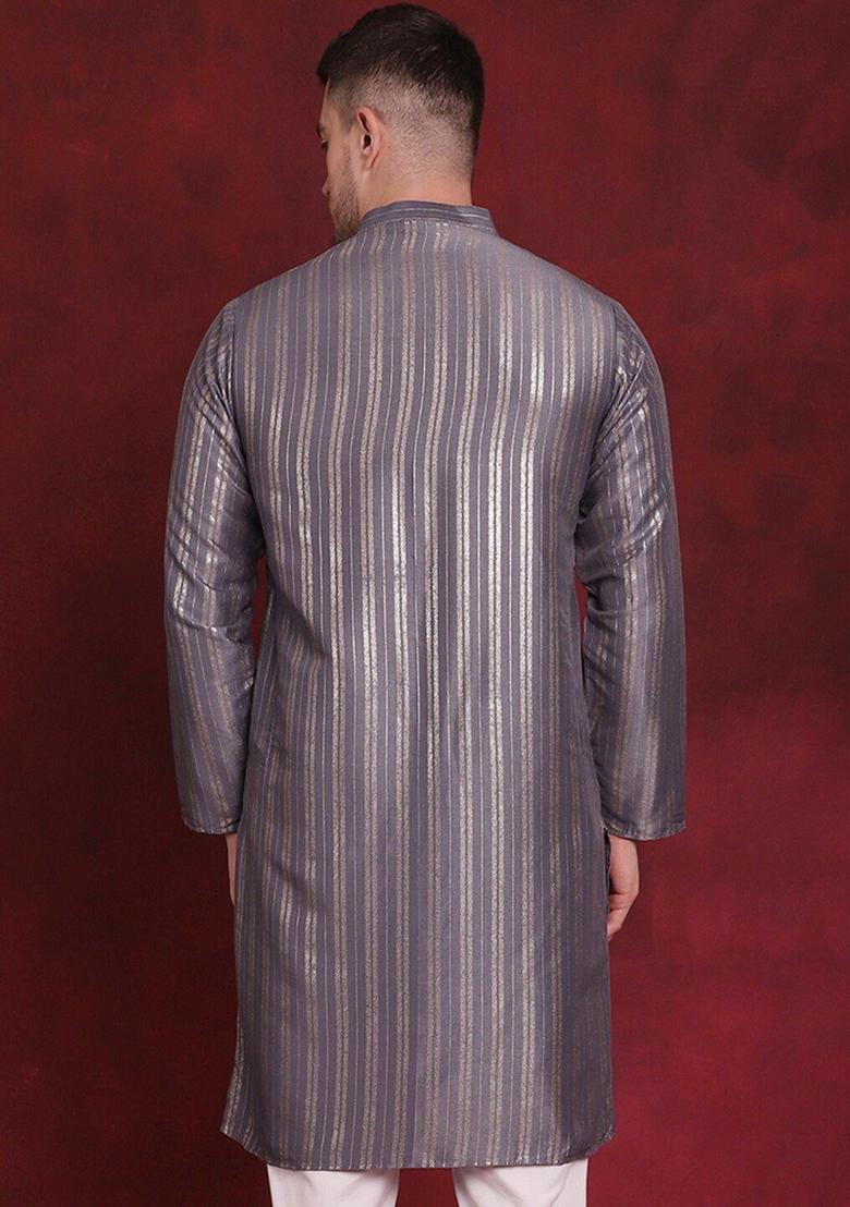Grey Striped Cotton Kurta For Men - Indya
