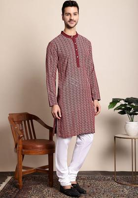 Maroon Embroidered Viscose Kurta For Men