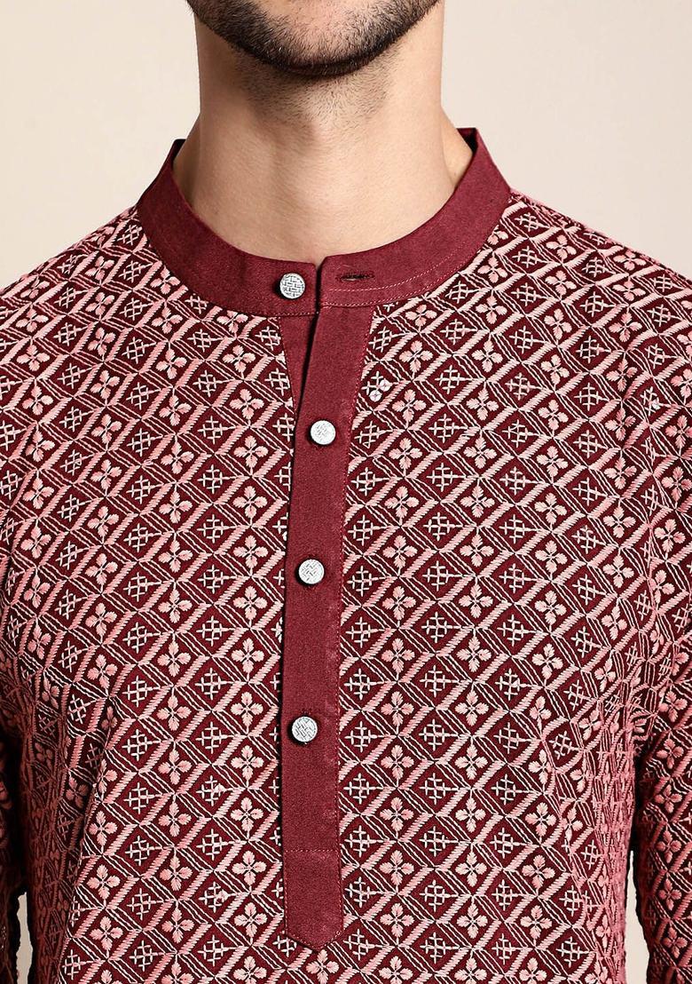 Maroon Embroidered Viscose Kurta For Men - Indya