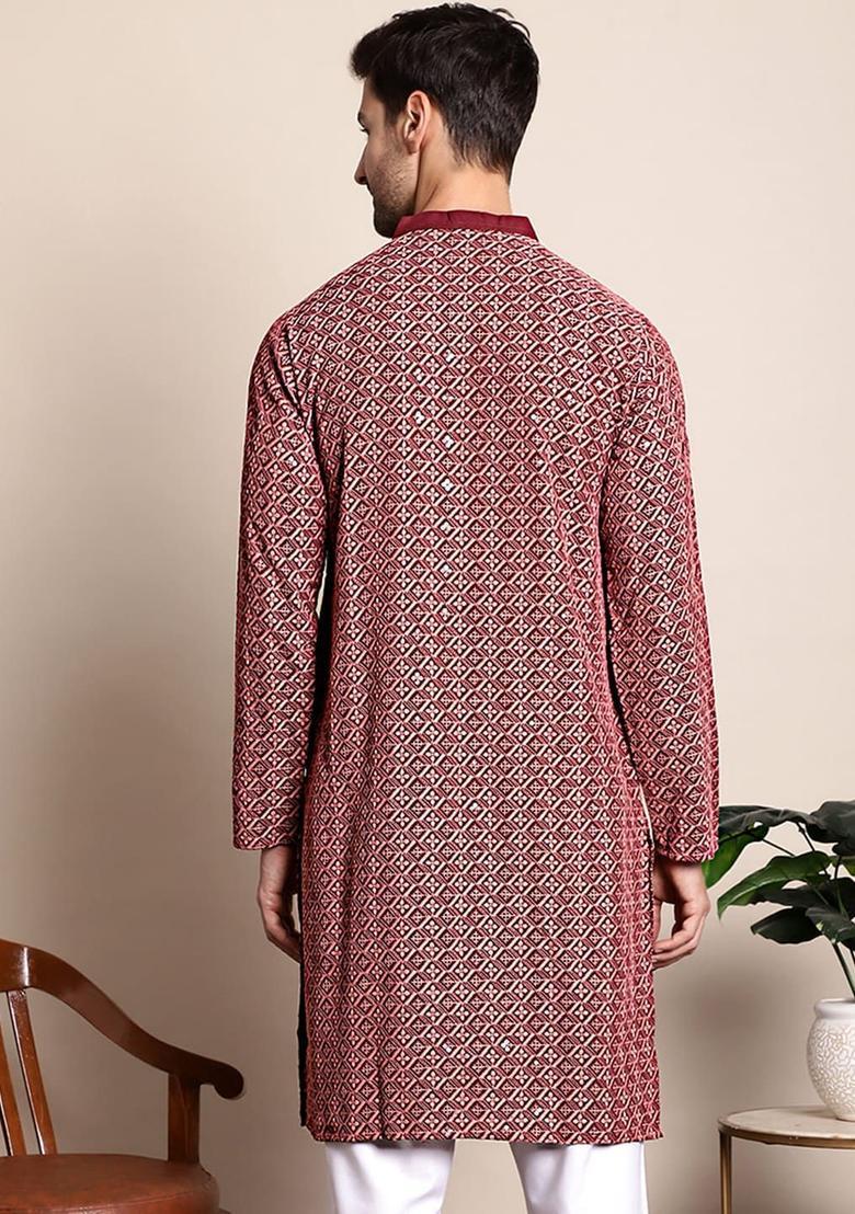 Maroon Embroidered Viscose Kurta For Men - Indya
