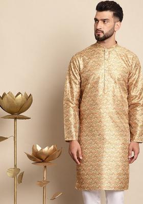 Yellow Printed Silk Kurta For Men