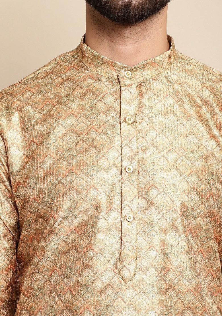 Yellow Printed Silk Kurta For Men - Indya