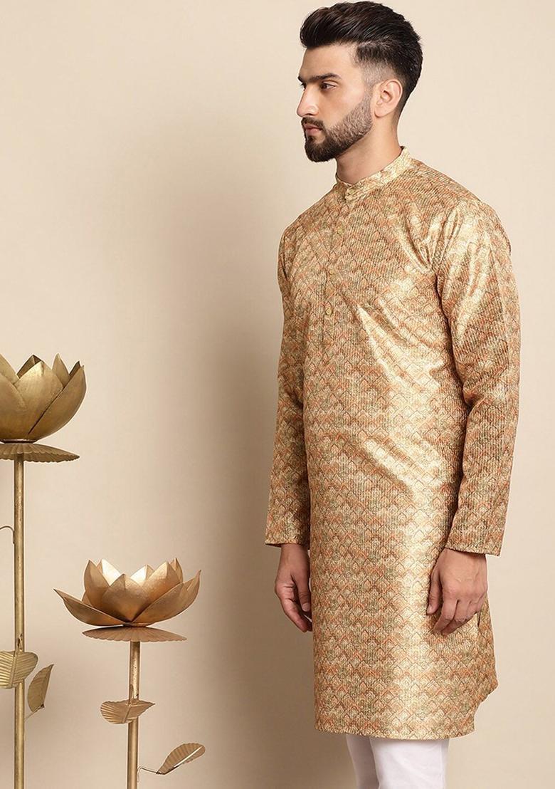 Yellow Printed Silk Kurta For Men - Indya