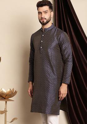 Blue Woven Design Jacquard Kurta For Men