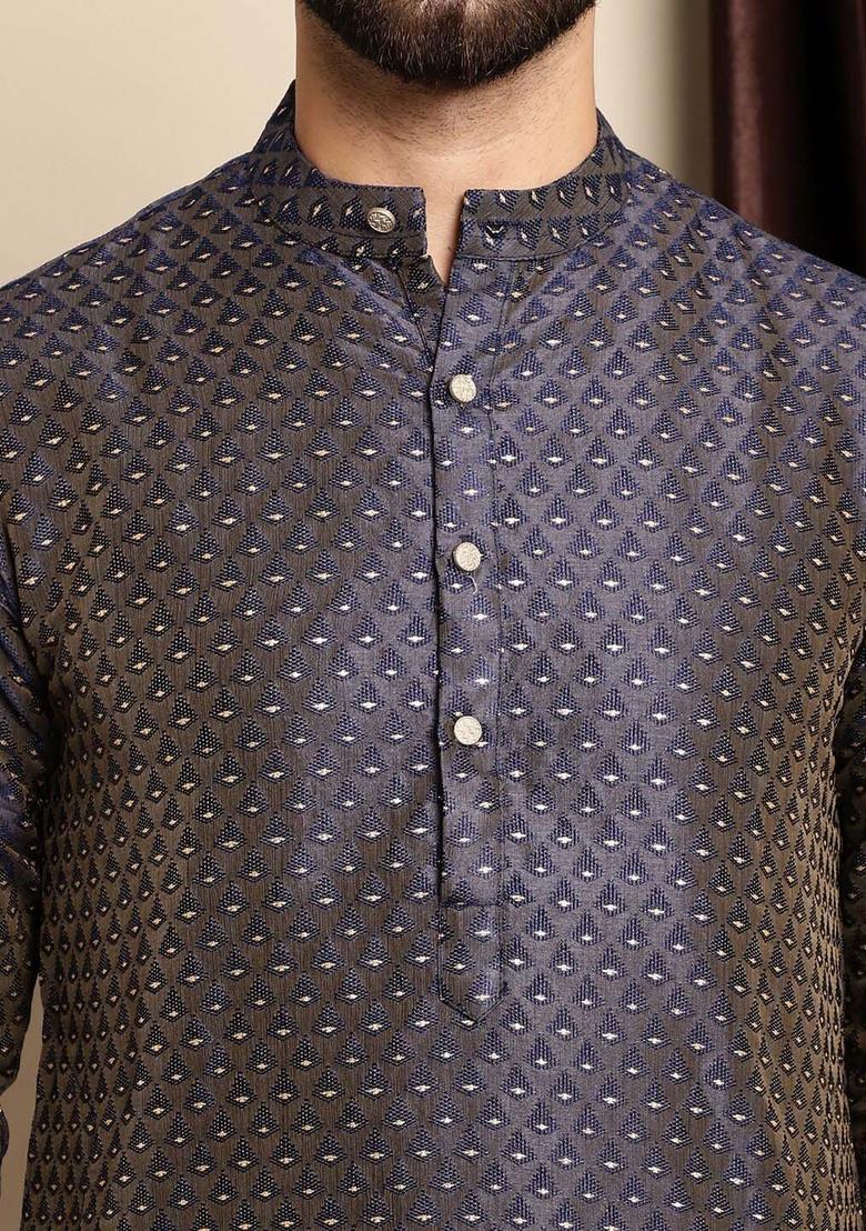Blue Woven Design Jacquard Kurta For Men - Indya