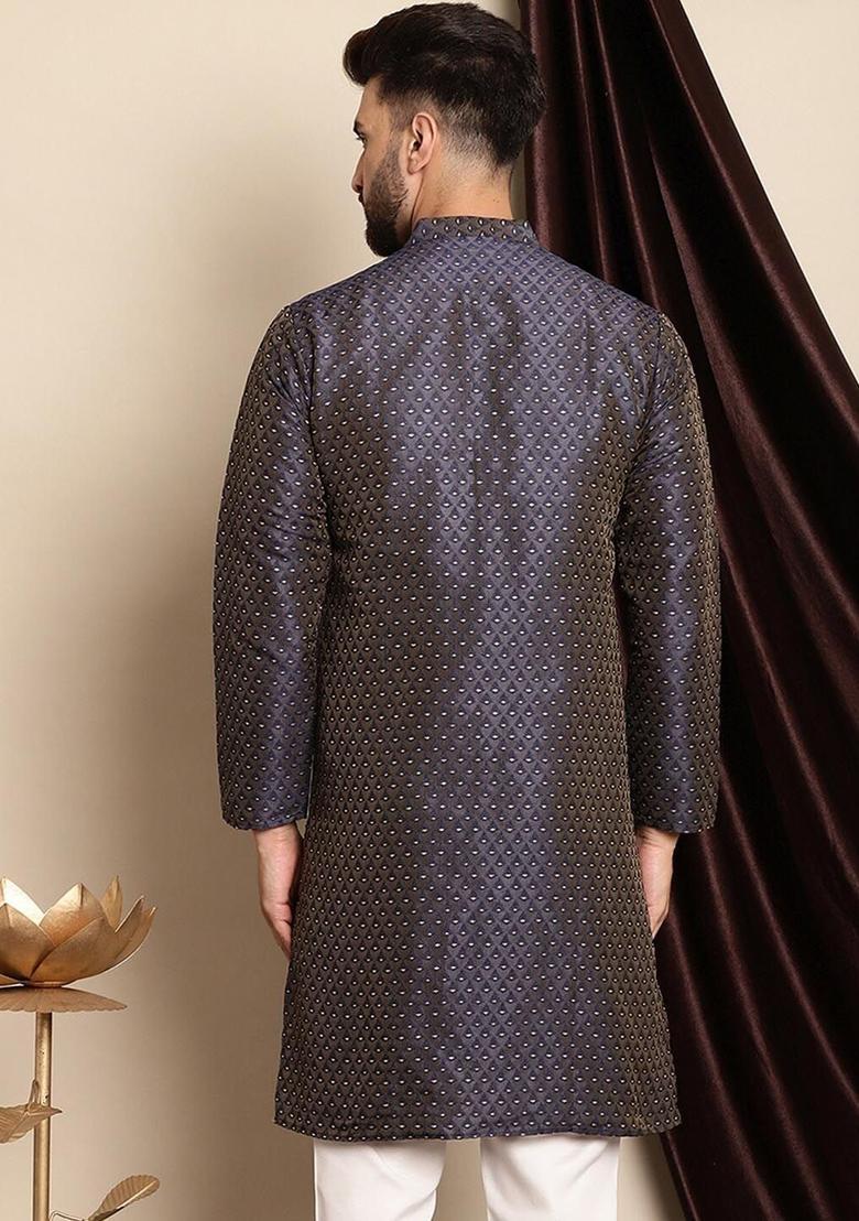 Blue Woven Design Jacquard Kurta For Men - Indya