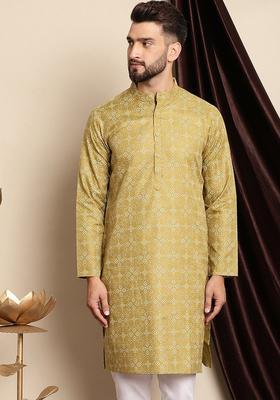 Olive Printed Cotton Kurta For Men