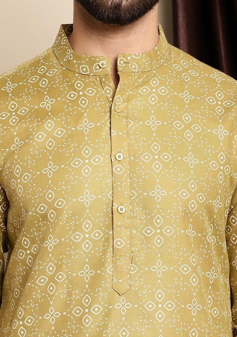 Olive Printed Cotton Kurta For Men - Indya