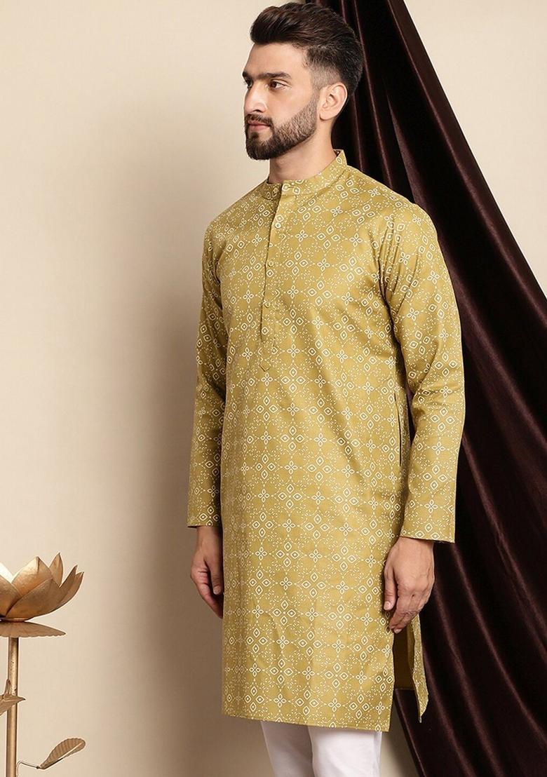 Olive Printed Cotton Kurta For Men - Indya