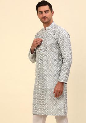 Grey Embroidered Silk Kurta For Men