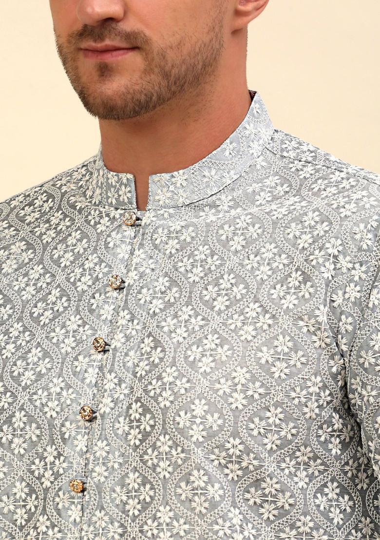 Grey Embroidered Silk Kurta For Men - Indya