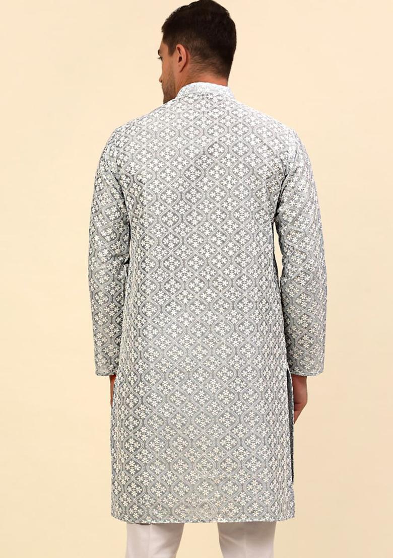 Grey Embroidered Silk Kurta For Men - Indya