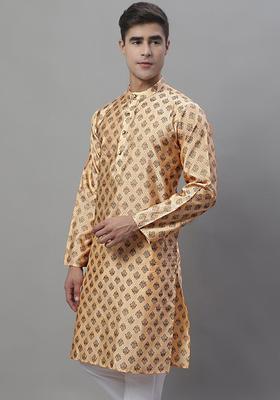 Peach Woven Design Silk Kurta For Men
