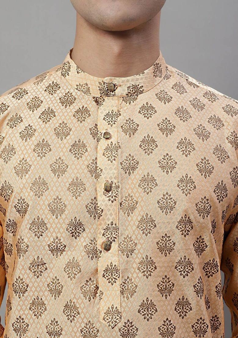 Peach Woven Design Silk Kurta For Men - Indya