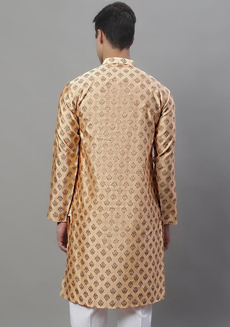 Peach Woven Design Silk Kurta For Men - Indya