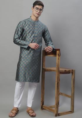 Grey Woven Design Silk Kurta For Men