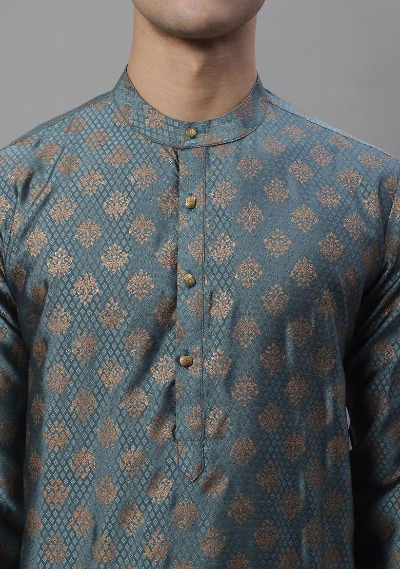 Grey Woven Design Silk Kurta For Men - Indya