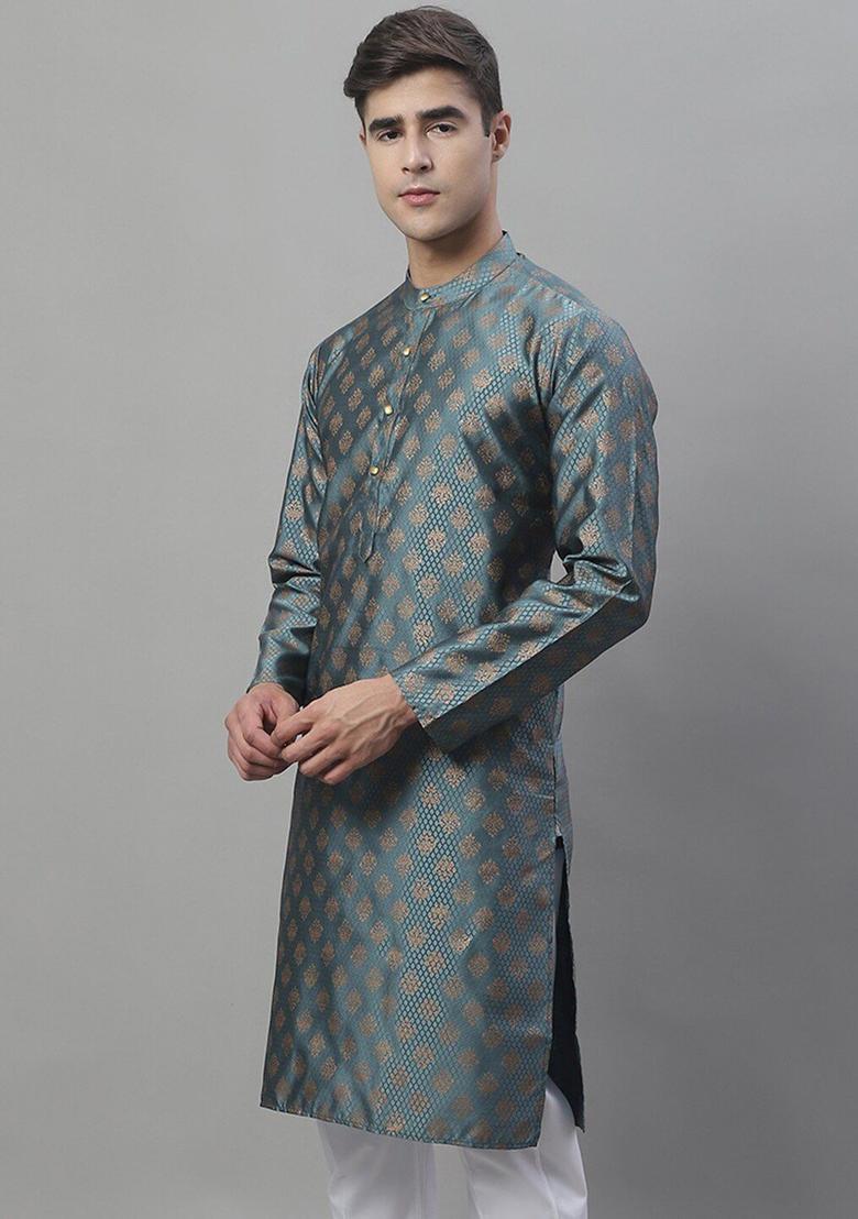 Grey Woven Design Silk Kurta For Men - Indya